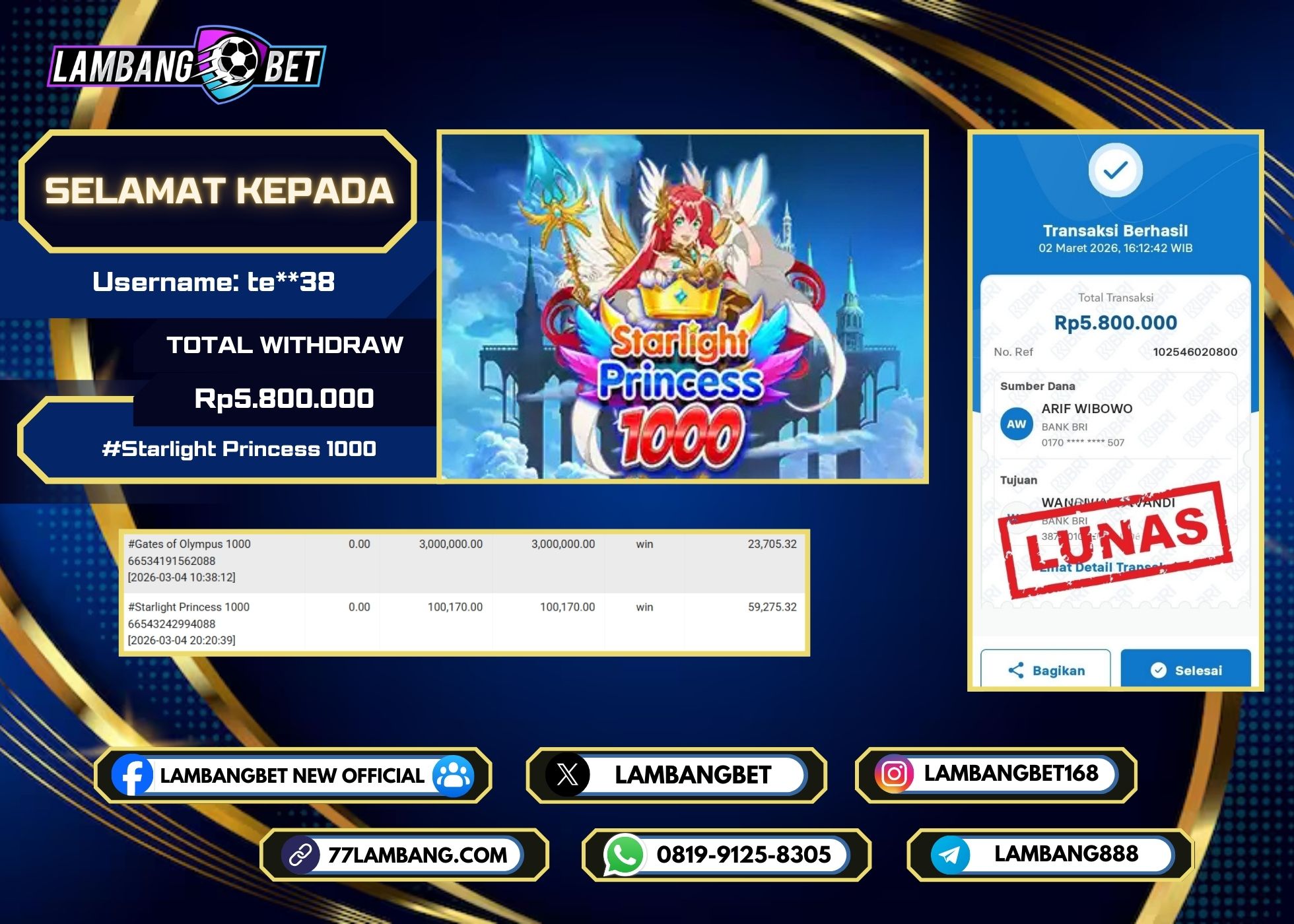 LAMBANGBET [2 MARET 2025] JACKPOT SLOT Starlight Princess 1000 "Rp5.800.000" LUNAS